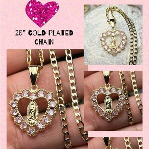 Gold plated pink heart Virgin Mary necklace.